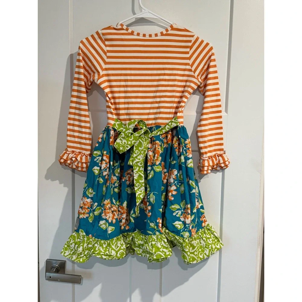 Eleanor Rose Girls Orange Teal Floral Striped Ruffle Dress Size 7-8 RHONDA 1198